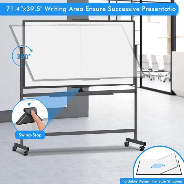 Alt view image 2 of 7 - 72 x 40 Double Sided Rolling Whiteboard, Mobile Whiteboard Magnetic White Board - Large Reversible Dry Erase Board Easel Standing Board on Wheels with Stand (72 x 40 Black)