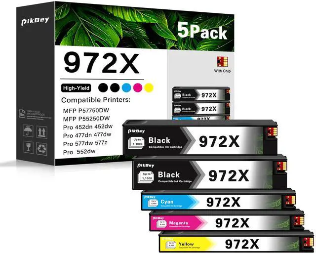 Main image of 972X Ink Cartridges High Yield Combo Pack (5-Pack, 2Black/1Cyan/1Magenta/1Yellow) Compatible 972X 972 Ink Cartridge Replacement for HP Pagewide MFP P57750DW Pro 452dn 452dw 552dw 477dw 577dw Printer