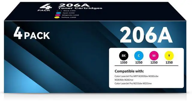Main image of 206A Toner Cartridge 4 Pack Replacement for HP 206A 206X Toner Cartridge Set W2110a 206 Compatible with Color LaserJet Pro MFP M283fdw M283cdw M283fdn M255dw M255nw Printer