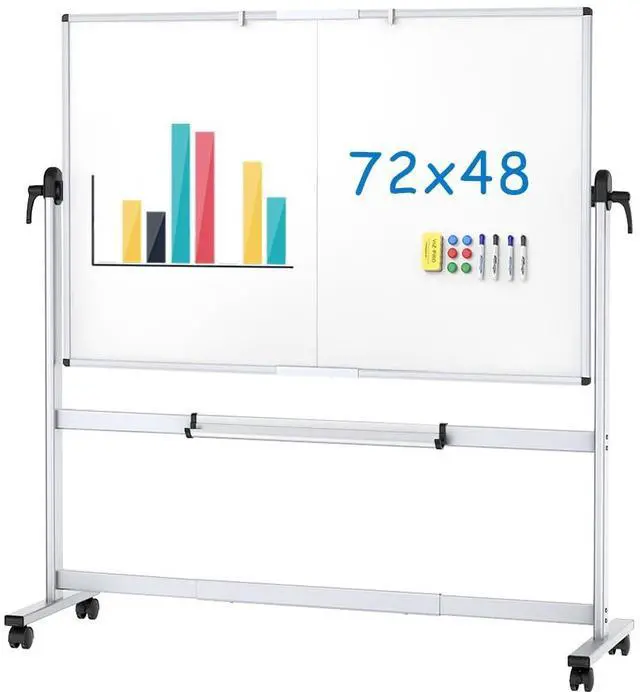 Main image of Double-Sided Mobile Whiteboard, 72 x 48 Inches, Magnetic Rolling Dry Erase White Board on Wheels with Aluminium Frame and Stand 6' x 4'