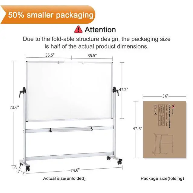 Alt view image 2 of 6 - Double-Sided Mobile Whiteboard, 72 x 48 Inches, Magnetic Rolling Dry Erase White Board on Wheels with Aluminium Frame and Stand 6' x 4'