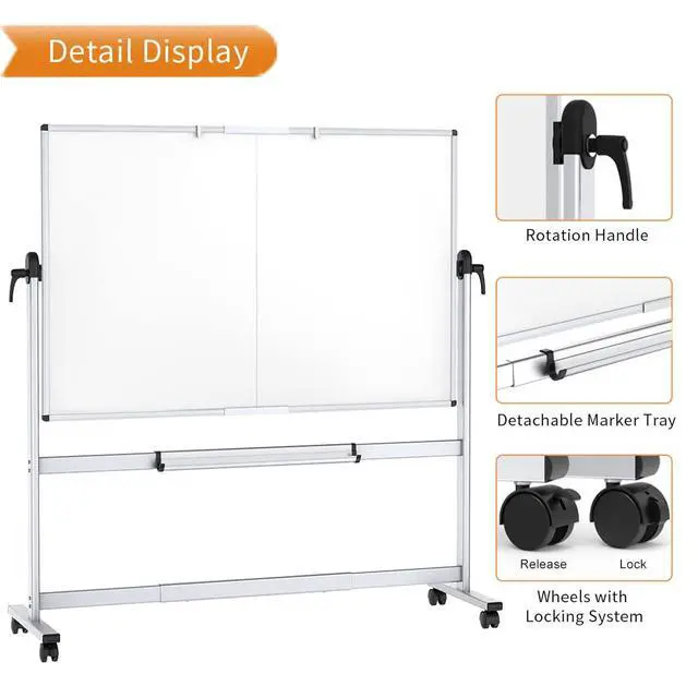 Alt view image 4 of 6 - Double-Sided Mobile Whiteboard, 72 x 48 Inches, Magnetic Rolling Dry Erase White Board on Wheels with Aluminium Frame and Stand 6' x 4'