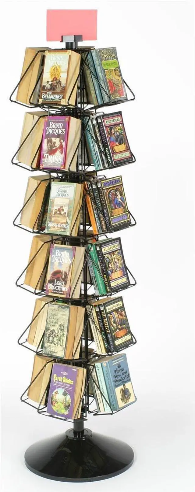 Main image of Rotating Book Display Rack, Floor Standing Wire Spinner Rack with 24 Pockets for Small Books, Comics or DVDs, 360 Degree Book Rack with Sign Holder (WSFB624OP)