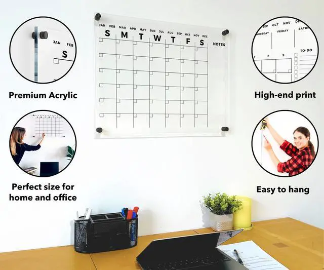 Alt view image 2 of 7 - Acrylic Wall Premium Calendar with Black Hardware - Monthly and Weekly Board Family Planner - Dry Erase Family Calendar - Marker (40x28'' (XLarge) - Black Standoff)