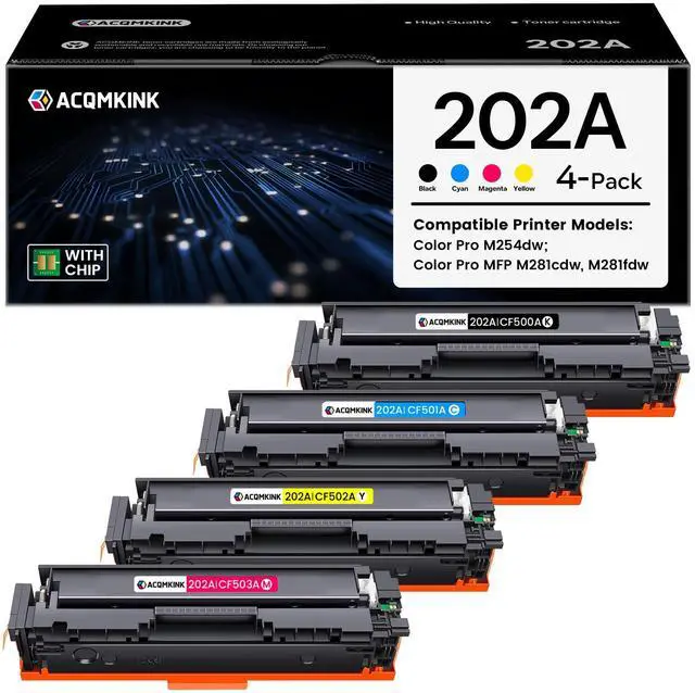 Main image of 202A Toner Cartridges 4 Pack Replacement for HP 202A CF500A CF501A CF502A CF503A Color Pro M254dw M254; MFP M281cdw, M281fdw M281 Series Printer (Black Cyan Yellow Magenta)