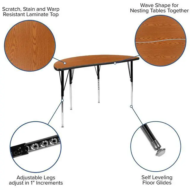 Alt view image 3 of 7 - 47.5" Half Circle Wave Collaborative Oak Thermal Laminate Activity Table - Standard Height Adjustable Legs