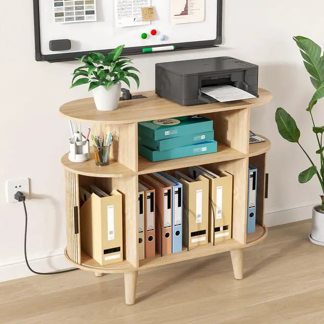 Alt view image 3 of 6 - Round Printer Stand with Charging Station & USB Ports, 35.4 x15.7 x 30 Inches Large Printer Table 3 Tier with Storage Shelf for Home Office (Oak)