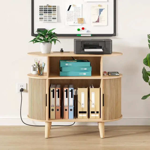 Alt view image 2 of 6 - Round Printer Stand with Charging Station & USB Ports, 35.4 x15.7 x 30 Inches Large Printer Table 3 Tier with Storage Shelf for Home Office (Oak)