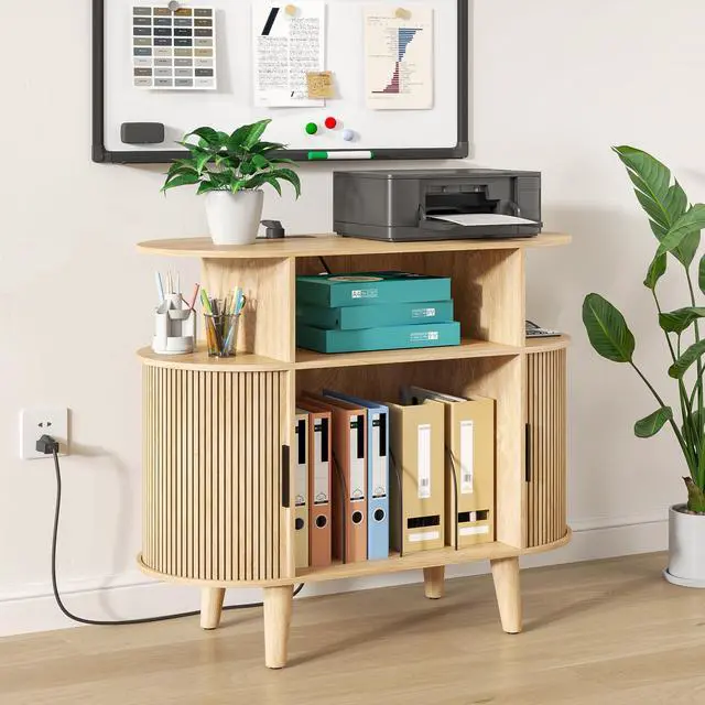 Main image of Round Printer Stand with Charging Station & USB Ports, 35.4 x15.7 x 30 Inches Large Printer Table 3 Tier with Storage Shelf for Home Office (Oak)