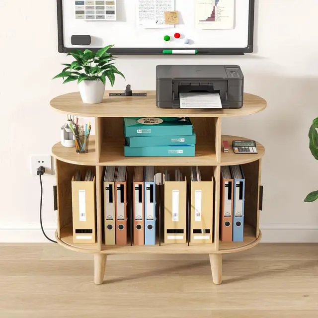 Alt view image 4 of 6 - Round Printer Stand with Charging Station & USB Ports, 35.4 x15.7 x 30 Inches Large Printer Table 3 Tier with Storage Shelf for Home Office (Oak)