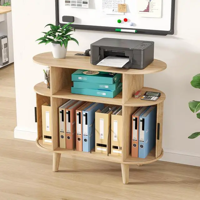Alt view image 5 of 6 - Round Printer Stand with Charging Station & USB Ports, 35.4 x15.7 x 30 Inches Large Printer Table 3 Tier with Storage Shelf for Home Office (Oak)