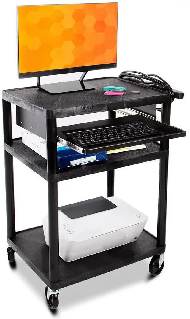 Main image of Line Leader Plastic AV Cart with Keyboard Tray, Mobile Workstation with Storage For Offices and Schools, Rolling with 4 Casters, 2 Locking Brakes, Heavy Duty, Holds up to 100 lbs (Black, 24 x 18 x 34)