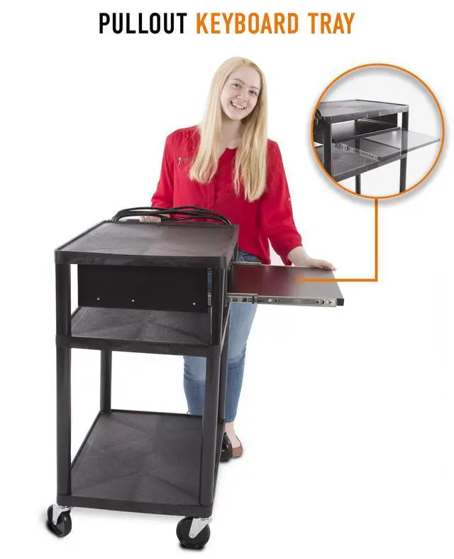 Alt view image 2 of 7 - Line Leader Plastic AV Cart with Keyboard Tray, Mobile Workstation with Storage For Offices and Schools, Rolling with 4 Casters, 2 Locking Brakes, Heavy Duty, Holds up to 100 lbs (Black, 24 x 18 x 34)