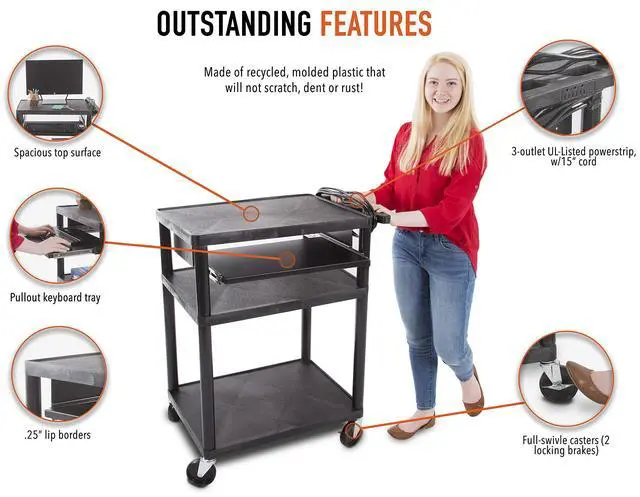 Alt view image 3 of 7 - Line Leader Plastic AV Cart with Keyboard Tray, Mobile Workstation with Storage For Offices and Schools, Rolling with 4 Casters, 2 Locking Brakes, Heavy Duty, Holds up to 100 lbs (Black, 24 x 18 x 34)