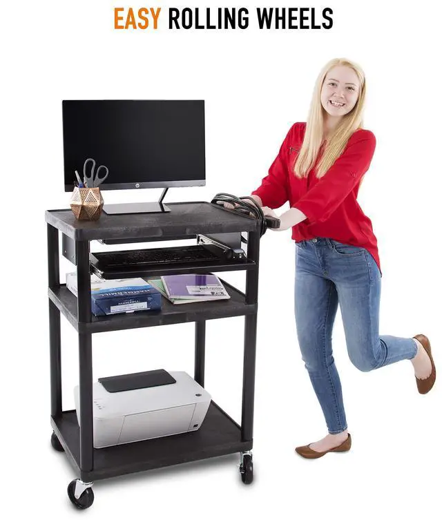 Alt view image 5 of 7 - Line Leader Plastic AV Cart with Keyboard Tray, Mobile Workstation with Storage For Offices and Schools, Rolling with 4 Casters, 2 Locking Brakes, Heavy Duty, Holds up to 100 lbs (Black, 24 x 18 x 34)