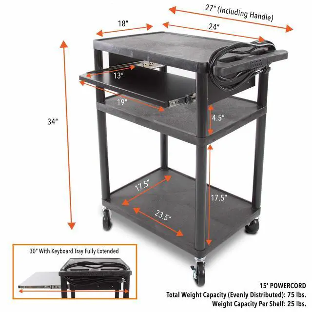 Alt view image 6 of 7 - Line Leader Plastic AV Cart with Keyboard Tray, Mobile Workstation with Storage For Offices and Schools, Rolling with 4 Casters, 2 Locking Brakes, Heavy Duty, Holds up to 100 lbs (Black, 24 x 18 x 34)