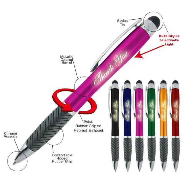 Alt view image 2 of 4 - Personalized Pens-80 Pack Bulk-Free Laser Engraving - 3 In Ballpoint Pen, Stylus and Light Up Personalized Area, Custom Business Name, Text, Logo or Gift Message, For Parties and Events, Black