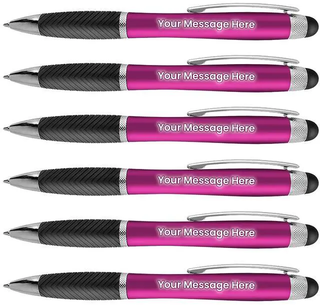 Main image of Personalized Pens-80 Pack Bulk-Free Laser Engraving - 3 In Ballpoint Pen, Stylus and Light Up Personalized Area, Custom Business Name, Text, Logo or Gift Message, For Parties and Events, Pink