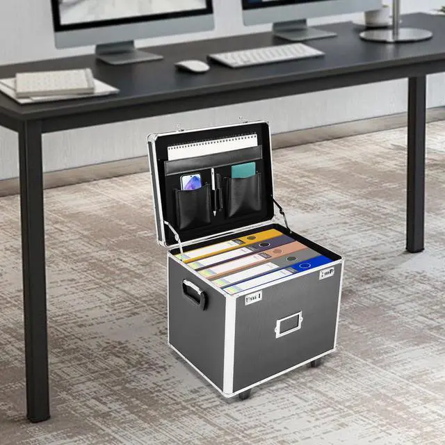 Alt view image 3 of 7 - Aluminum Alloy File Organizer Box Mobile Document Box with Wheels, Hand Pull Locking File Case File Cabinet for Home Office Hospitals Banks School (Black)