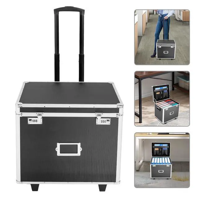 Alt view image 4 of 7 - Aluminum Alloy File Organizer Box Mobile Document Box with Wheels, Hand Pull Locking File Case File Cabinet for Home Office Hospitals Banks School (Black)