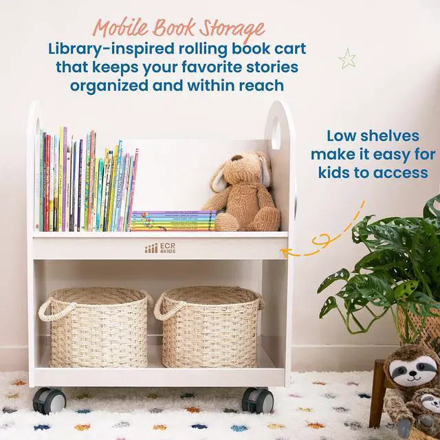 Alt view image 3 of 7 - Mobile Book Cart with Countdown Timer, Classroom Bookshelf, White Wash
