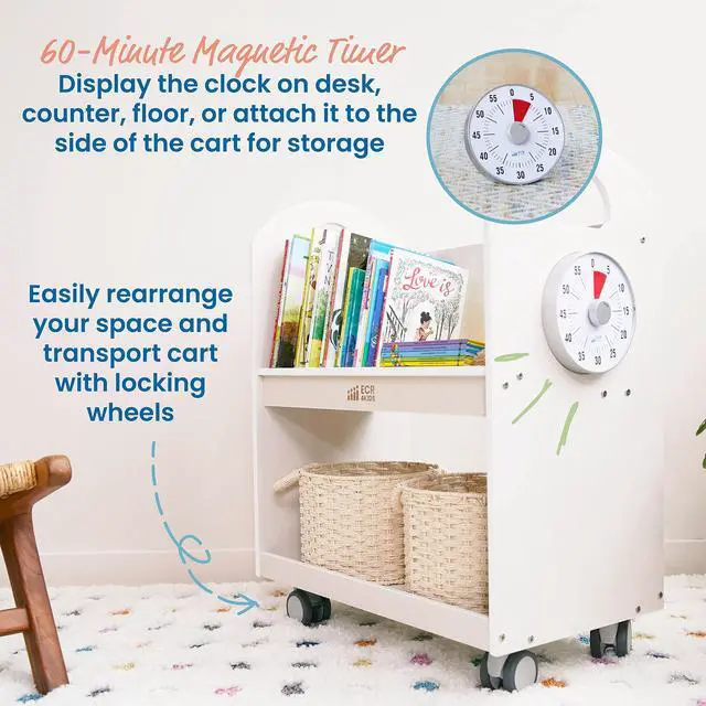 Alt view image 4 of 7 - Mobile Book Cart with Countdown Timer, Classroom Bookshelf, White Wash