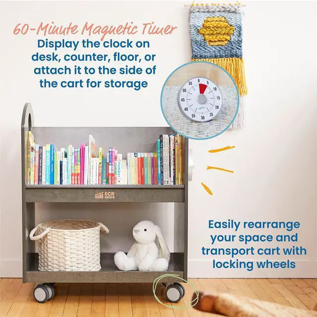 Alt view image 3 of 7 - Mobile Book Cart with Countdown Timer and Storage, Children's Furniture, Grey Wash