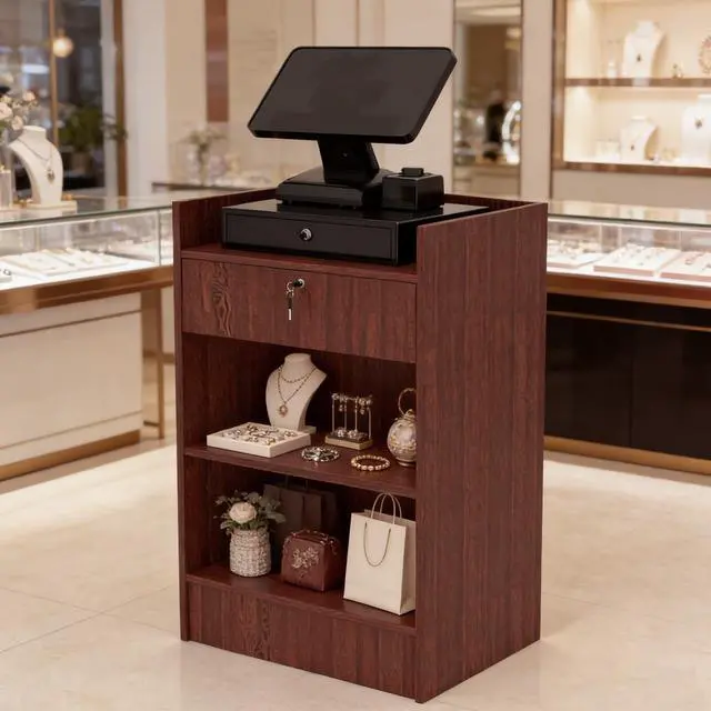 Alt view image 2 of 6 - 24" W * 18" D * 38" H Wooden Cash Register Stand, one Drawer and Two Storage Layers, Drawers with Locks, Suitable for Churches, Retail Stores, debates, Shopping malls (Walnut)
