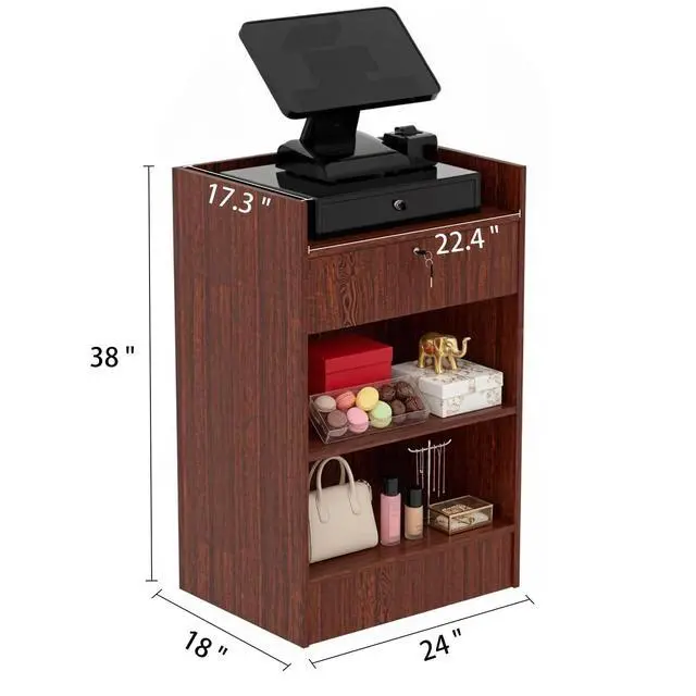 Alt view image 4 of 6 - 24" W * 18" D * 38" H Wooden Cash Register Stand, one Drawer and Two Storage Layers, Drawers with Locks, Suitable for Churches, Retail Stores, debates, Shopping malls (Walnut)