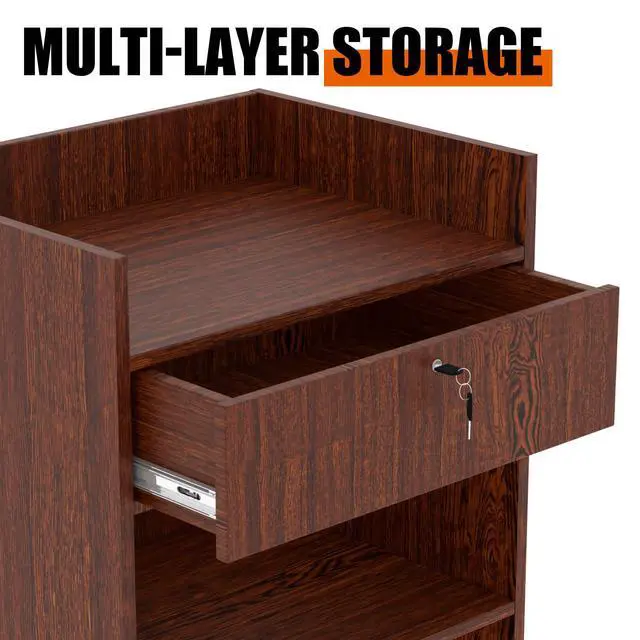 Alt view image 5 of 6 - 24" W * 18" D * 38" H Wooden Cash Register Stand, one Drawer and Two Storage Layers, Drawers with Locks, Suitable for Churches, Retail Stores, debates, Shopping malls (Walnut)