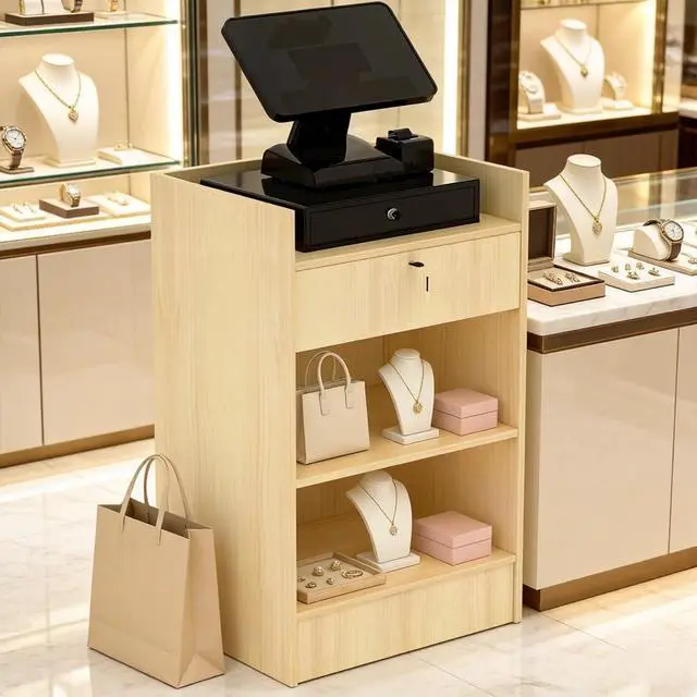 Alt view image 7 of 7 - 24" W * 18" D * 38" H Wooden Cash Register Stand, one Drawer and Two Storage Layers, Drawers with Locks, Suitable for Churches, Retail Stores, debates, Shopping malls (Maple)