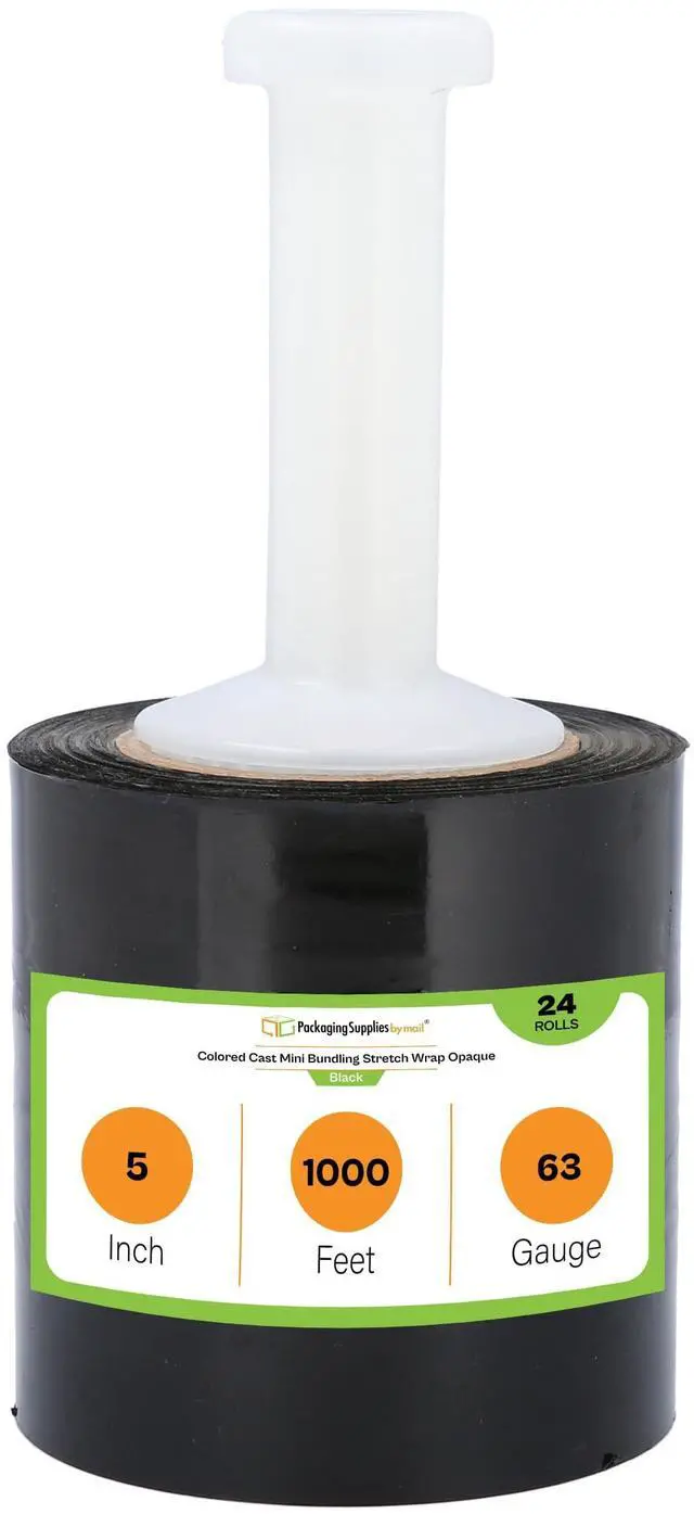 Main image of PSBM 24 Rolls 5 Inch x 1000 Feet 63 Gauge Black Mini Stretch Film/Wrap with Plastic Handle, Heavy Duty Industrial Strength Clear Shrink Plastic Wrap for Moving, Packing, Shipping, Bundling & Storage
