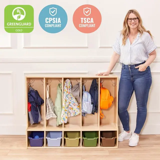 Alt view image 5 of 7 - Streamline 5-Section Toddler Coat Locker with Bench, Classroom Furniture, Natural