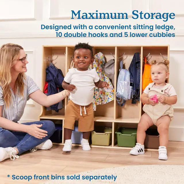 Alt view image 4 of 7 - Streamline 5-Section Toddler Coat Locker with Bench, Classroom Furniture, Natural