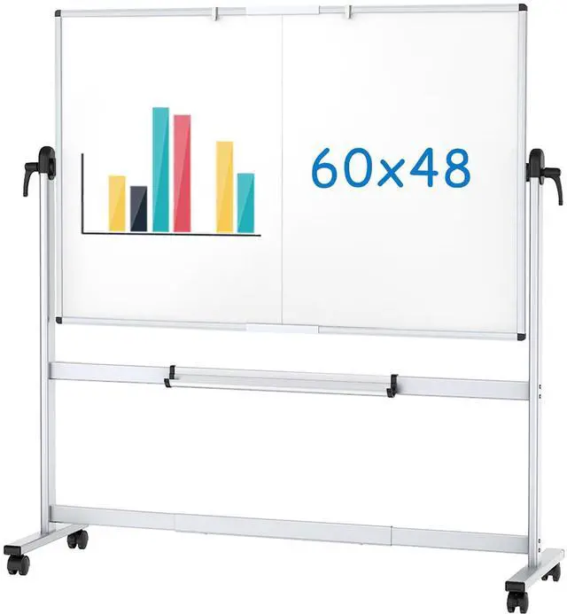 Main image of Rolling Whiteboard, 60" x 48" Mobile White Board with Stand | 5' x 4' Double-Sided Standing Magnetic Dry Erase Board on Wheels for School Office Home