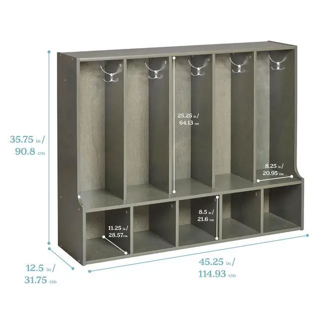 Alt view image 2 of 7 - Streamline 5-Section Toddler Coat Locker with Bench, Classroom Furniture, Grey Wash