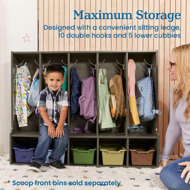 Alt view image 4 of 7 - Streamline 5-Section Toddler Coat Locker with Bench, Classroom Furniture, Grey Wash