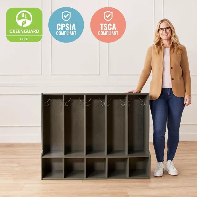 Alt view image 5 of 7 - Streamline 5-Section Toddler Coat Locker with Bench, Classroom Furniture, Grey Wash