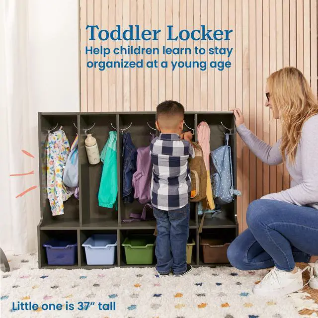 Alt view image 3 of 7 - Streamline 5-Section Toddler Coat Locker with Bench, Classroom Furniture, Grey Wash