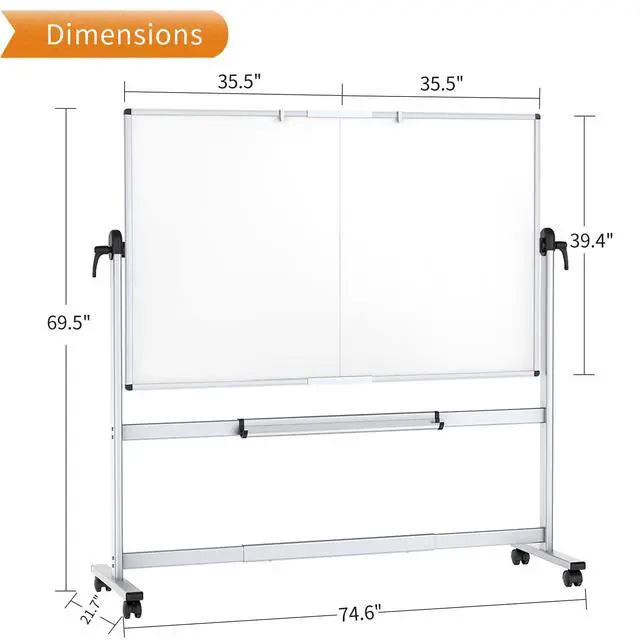 Alt view image 2 of 6 - Rolling Whiteboard, 72" x 40" Mobile White Board with Stand | Double-Sided Standing Magnetic Dry Erase Board on Wheels for School Office Home
