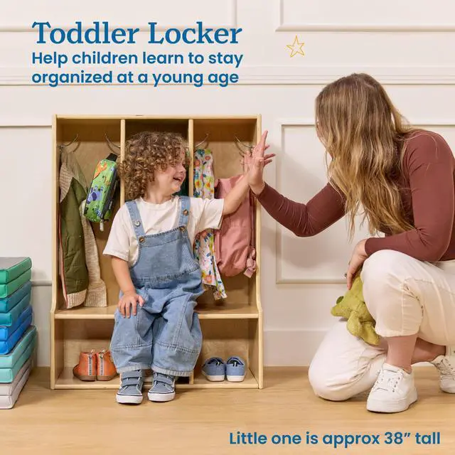 Alt view image 3 of 7 - Streamline 3-Section Toddler Coat Locker with Bench, Classroom Furniture, Natural