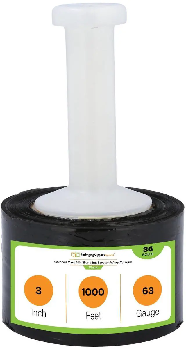 Main image of PSBM 36 Rolls 3 Inch x 1000 Feet 63 Gauge Black Mini Stretch Film/Wrap with Plastic Handle, Heavy Duty Industrial Strength Clear Shrink Plastic Wrap for Moving, Packing, Shipping, Bundling & Storage