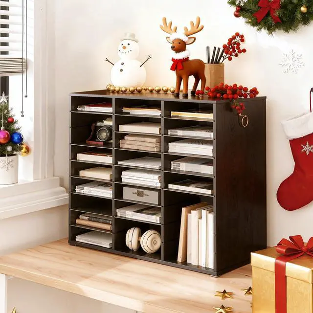 Alt view image 2 of 7 - Literature Organizer, 27 Compartments Wooden Mail Organizer, Countertop Literature Sorter with Adjustable Shelves for Home, Office, School, Student Mailbox for Classroom, Black BK27WF01