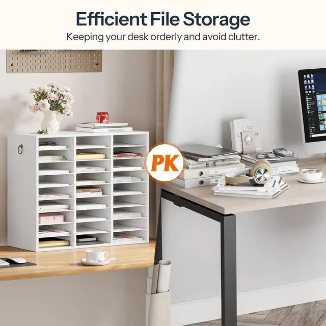Alt view image 4 of 7 - Literature Organizer, 27 Compartments Wooden Mail Organizer, Countertop Literature Sorter with Adjustable Shelves for Home, Office, School, Student Mailbox for Classroom, White WT27WF01