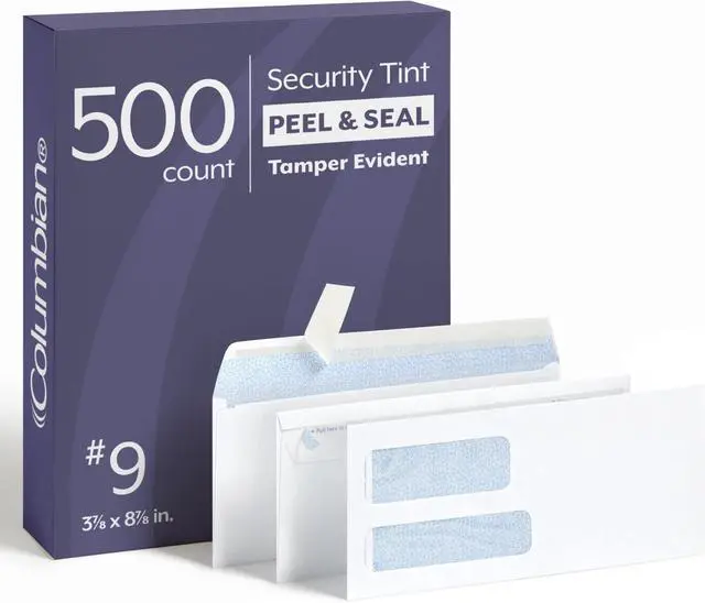 Main image of #9 Security Envelopes, 500/Box, Double Window, 3-7/8" x 8-7/8", Release & Seal Self Seal, SimplySafe Tamper Evident, White (COLO183) (Pack of 5)