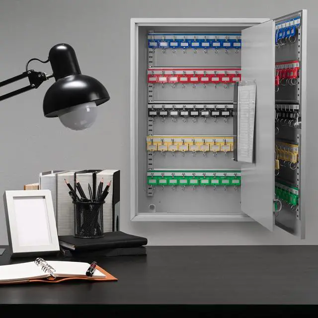 Alt view image 2 of 7 - Steel 150 Key Cabinet Organizer Locking Wall Mount Safe with Numbered Hooks, Index Sheet & Key Tags for Business or Office Security