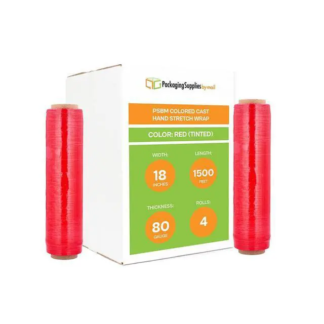 Alt view image 2 of 7 - PSBM Tinted Red Plastic Hand Stretch Film/Wrap 18" x 1500' 80 GA 4 Rolls | Stretch Wrap, Heavy Duty Plastic Film, Industrial Strength Shrink Packaging for Moving, Packing, Shipping & Storage