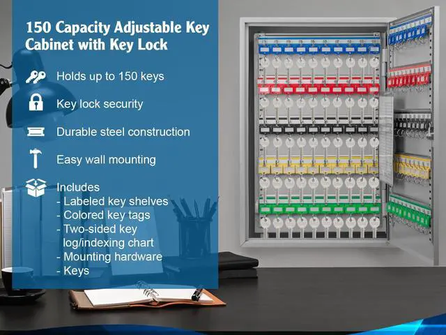 Alt view image 4 of 7 - Steel 150 Key Cabinet Organizer Locking Wall Mount Safe with Numbered Hooks, Index Sheet & Key Tags for Business or Office Security