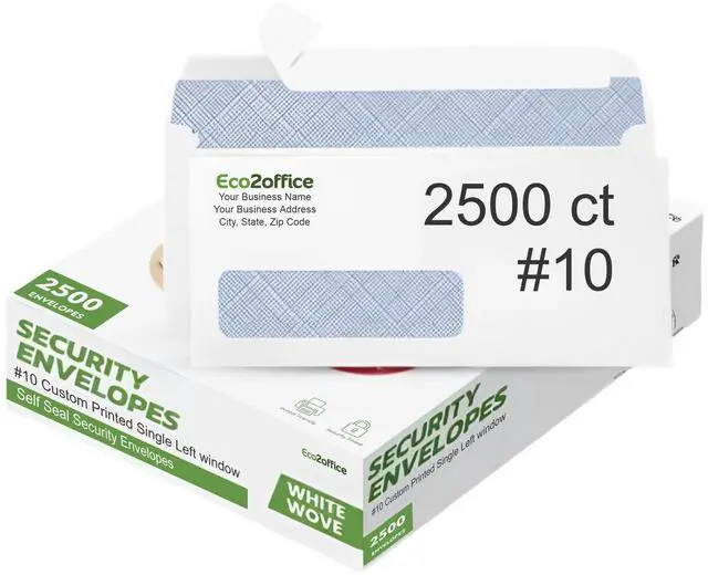 Main image of 2500#10 Custom Printed Single Left Window Self Seal Security Envelopes Letter Size, Text and Logo Customization, Self Sealing Closure, Security Tinted, Size 4 18 X 9 12 Inches, 24 LB