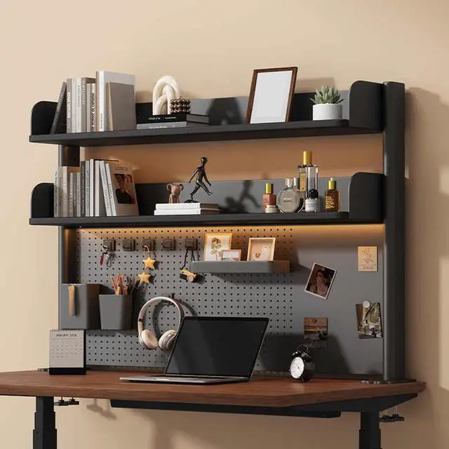 Main image of Clamp on Desk Shelf with Pegboard, Black Desktop Bookshelf Organizer Storage Shelves for Home Office Dorm Gaming Desk, Space Saving Tabletop Display Rack Organization (Black, 39.3in)